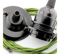Art Deco Emporium Repaireum Ltd. Vintage Styled Ceiling Pendant Kit incl. Matte Black Finish Rose, E27 Black Bulb Holder and 3Core Green Braided Twisted Flex