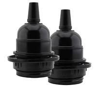 Art Deco Emporium Twin Pack E27 Lampholder in Black Bakelite with Shade Ring and Metal Cord Grip for Hanging Light Fittings, Black Ceiling Light Fitting or Pendant Light Fitting