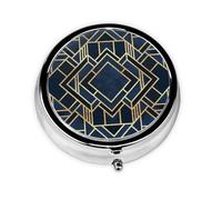 Art Deco Fancy Blue, Pill Box Round Pill Case for Pocket Or Purse Small Pill Container Travel Pill Organizer