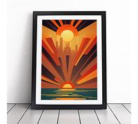 Art Deco Ocean Sunset Framed Wall Art Print A2 Black | Ready to Hang, Satin Fine Art Paper, Fade-Resistant Inks, Acrylic Glazing, Securely Packaged, Made in the UK