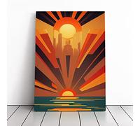 Art Deco Ocean Sunset No.1 Red, Black, Orange | Canvas Wall Art Print | Framed & Ready to Hang Picture | Modern Home Decor for Living Room, Bedroom, Kitchen or Office | 20x14 Inches