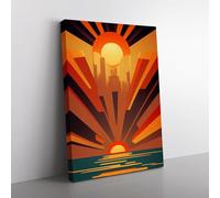 Art Deco Ocean Sunset No.1 Red, Black, Orange Canvas Wall Art Print Ready to Hang, Framed Picture for Living Room Bedroom Home Office Décor, 76x50 cm (30x20 Inch)