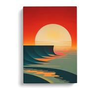 Art Deco Ocean Sunset No.2 Blue, Peach, Red Canvas Print | Gallery Wrapped 30mm Frame Wall Decor | 30x20 inches | Ready to Hang | Art Deco Seascape Picture | Living Room Bedroom Lounge Office