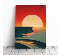Art Deco Ocean Sunset No.2 Blue, Peach, Red | Canvas Wall Art Print | Framed & Ready to Hang Picture | Modern Home Decor for Living Room, Bedroom, Kitchen or Office | 30x20 Inches