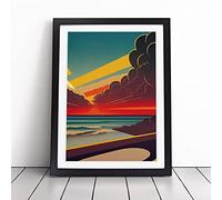 Art Deco Ocean Sunset No.3 Framed Wall Art Print - Ready to Hang Picture - Modern Art for Living Room Bedroom Kitchen Home - Black A4 (27 x 36 cm)