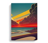 Art Deco Ocean Sunset No.3 Green, Red, Peach Canvas Print | Gallery Wrapped 30mm Frame Wall Decor | 30x20 inches | Ready to Hang | Art Deco Seascape Picture | Living Room Bedroom Lounge Office