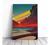 Art Deco Ocean Sunset No.3 Green, Red, Peach | Canvas Wall Art Print | Framed & Ready to Hang Picture | Modern Home Decor for Living Room, Bedroom, Kitchen or Office | 30x20 Inches