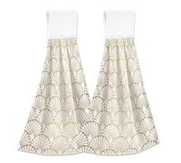 Art Deco Pattern White Gold Hand Towel with Hanging Loop Bathroom 2 Piecing Kitchen Towels with Hanging Loop Kitchen Towels