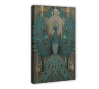 Art Deco Peacock - Elegant Bird in Turquoise And Gold Canvas Poster Bedroom Decor Landscape Office Room Decor Gift 20" L X 30" W