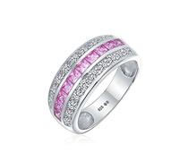 Art Deco Pink Simulated Tourmaline AAA Cubic Zirconia Half Eternity Channel Set Princess Cut CZ Dome 3 Row Wide Statement Wedding Band Ring For Women .925 Sterling Silver Comfort Fit 8MM