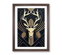 Art Deco Stag No.1 Framed Print | A4 Walnut Framed Wall Art | Ready to Hang | Art Deco Animal Picture | Living Room Bedroom Lounge Office
