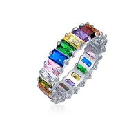 Art Deco Style AAA CZ Emerald Cut LGBTQ Colorful Rainbow Multi Color Cubic Zirconia Eternity Baguette Anniversary Wedding Band Ring For Women Rose Gold .925 Sterling Silver 4MM