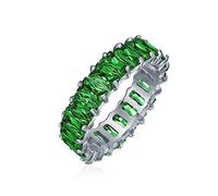 Art Deco Style AAA CZ Simulated Green Emerald Cut Cubic Zirconia Eternity Baguette Anniversary Wedding Band Ring For Women .925 Sterling Silver 4MM