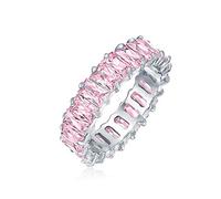 Art Deco Style AAA CZ Simulated Pink Tourmaline Emerald Cut Cubic Zirconia Eternity Baguette Anniversary Wedding Band Ring For Women .925 Sterling Silver 4MM