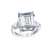 Art Deco Style Big AAA CZ Statement Solitaire Emerald Cut Engagement Ring For Women Side Stone Baguette Thin Band .925 Sterling Silver Decorative Setting