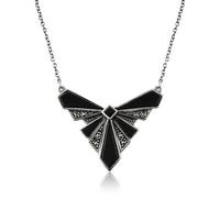 Art Deco Style Black Onyx Cabochon & Marcasite Necklace in 925 Sterling Silver