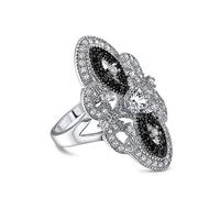 Art Deco Style Black White CZ Filigree Wide Fashion Statement Armor Full Finger Ring For Women Silver Plated Brass