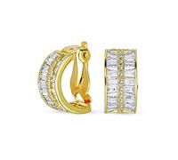 Art Deco Style Bridal Statement AAA CZ Half Hoop Baguette Earrings For Women Wedding Prom Holiday Formal Party Clip On Yellow Gold Plated