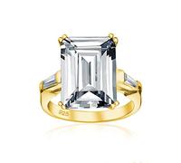 Art Deco Style Bridal Wedding Big AAA CZ Solitaire Emerald Cut Statement Engagement Ring For Women .925 Sterling Silver Yellow Gold Plated Cubic Zirconia Baguette Side Stones