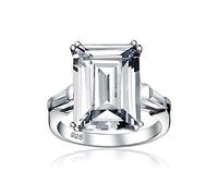 Art Deco Style Bridal Wedding Big AAA CZ Solitaire Emerald Cut Statement Engagement Ring For Women .925 Sterling Silver Cubic Zirconia Baguette Side Stones