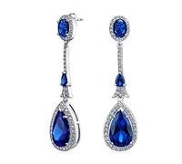 Art Deco Style Cubic Zirconia Teardrop Fashion Statement Simulated CZ Royal Blue Sapphire Chandelier Earrings For Women Prom Silver Plated