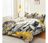 Art Deco Style Floral Sunflower Stripes Themed Duvet Cover, White Microfiber Bedding Set - 135 x 200 cm Reversible Cover Set 3 Pcs with Zipper Closure and 2 Pillowcases 50 x 75 CM