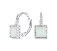 Art Deco Style Gemstone Filigree Royal Crown Setting Square Solitaire White Created Opal Birthstone Drop Earrings For Women .925 Sterling Silver Lever back