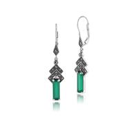 Gemondo Art Deco Style Rectangle Green Chalcedony & Marcasite Drop Earrings in Silver - Sterling Silver Art Deco 2.22ct Green Chalcedony & Marcasite Drop Earrings