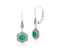 Art Deco Style Hexagon Chalcedony and Marcasite Drop Earrings in Sterling Silver