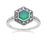 Gemondo Art Deco Style Hexagon Chalcedony and Marcasite Ring in Sterling Silver - O