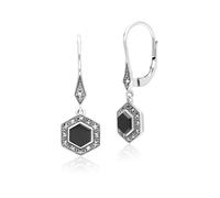 Art Deco Style Hexagon Onyx and Marcasite Drop Earrings in Sterling Silver