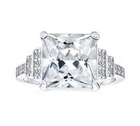 Art Deco Style Huge Clear Cocktail Ring AAA CZ Stepped Side Stone Style Radiant Brilliant Cut Square Engagement Ring For Women .925 Sterling Silver Rhodium