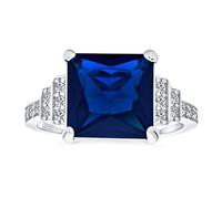 Art Deco Style Huge Clear Simulated Blue Sapphire Cocktail Ring AAA CZ Stepped Side Stone Style Radiant Brilliant Cut Square Engagement Ring For Women .925 Sterling Silver Rhodium