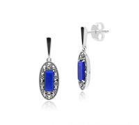 Art Deco Style Lapis Lazuli, Marcasite & Enamel Drop Earrings in Sterling Silver