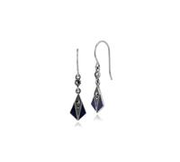 Art Deco Style Marcasite & Blue Enamel Fan Drop Earrings in Sterling Silver