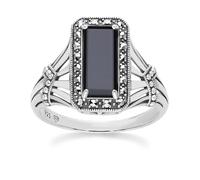 Art Deco Style Octagon Onyx and Marcasite Ring in Sterling Silver Size: N