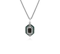 Art Deco Style Onyx, Marcasite & Enamel Hexagon Necklace in Sterling Silver