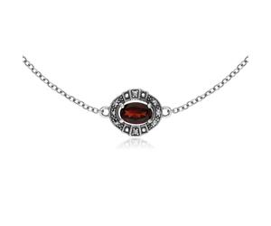 Art Deco Style Oval Garnet & Marcasite Cluster Bracelet in 925 Sterling Silver