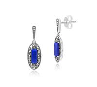 Art Deco Style Oval Lapis Lazuli and Marcasite Drop Earrings in Sterling Silver