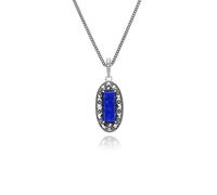Art Deco Style Oval Lapis Lazuli & Marcasite Pendant Necklace in Sterling Silver