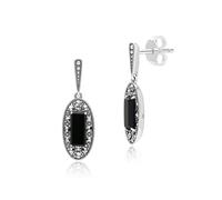 Art Deco Style Oval Onyx and Marcasite Drop Earrings in Sterling Silver