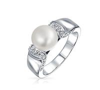 Art Deco Style Pave CZ Solitaire White Freshwater Cultured Pearl Engagement Ring For Women Silver Plated Brass