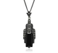 Art Deco Style Rectangle Black Onyx & Marcasite Necklace in 925 Sterling Silver