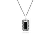 Gemondo Art Deco Style Rectangle Onyx and Marcasite Pendant Necklace in Sterling Silver