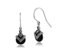 Art Deco Style Round Black Onyx & Marcasite Drop Earrings in 925 Sterling Silver