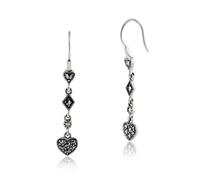 Art Deco Style Round Marcasite Pave Set Heart Drop Earrings in Sterling Silver