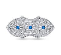 Art Deco Style Scarf Brooch Pin For Women Blue Clear CZ Simulated Sapphire Silver Plated Brass
