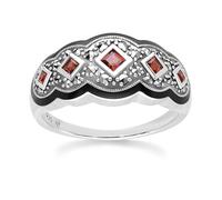 Art Deco Style Square Garnet Five Stone and Marcasite Ring in Sterling Silver Size: O