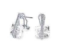 Art Deco Style Square Gemstone Cubic Zirconia AAA Rectangle Simulated Clear Emerald Cut CZ Drop Earrings For Women Silver Plated Omega Back April Birthstone