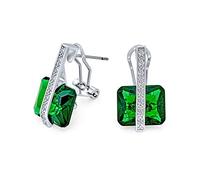 Art Deco Style Square Gemstone Cubic Zirconia AAA Rectangle Simulated Green Emerald Cut CZ Drop Earrings For Women Silver Plated Omega Back May Birthstone